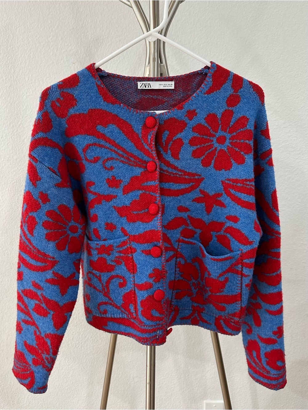 ZARA Red & Blue Floral Jacquard Knit Cardigan Sweater